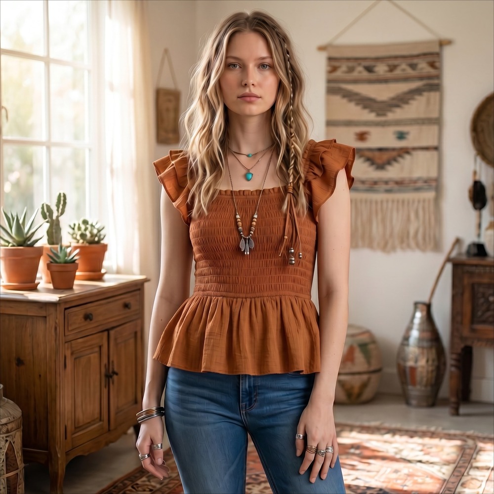 Nanette Lepore Smocked Ruffle Peplum Top M L burnt orange rust Boho cottagecore